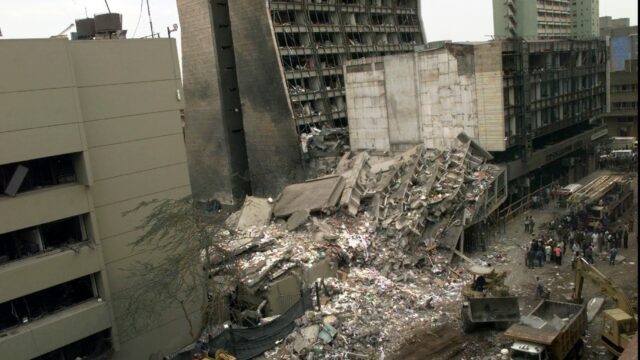 A collapsed building next to the US Embassy in Nairobi