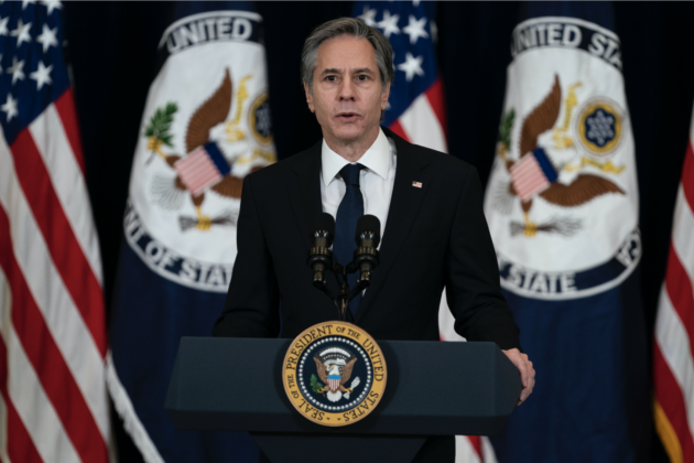 Current U.S. Secretary of State Antony Blinken gives a speech from a podium