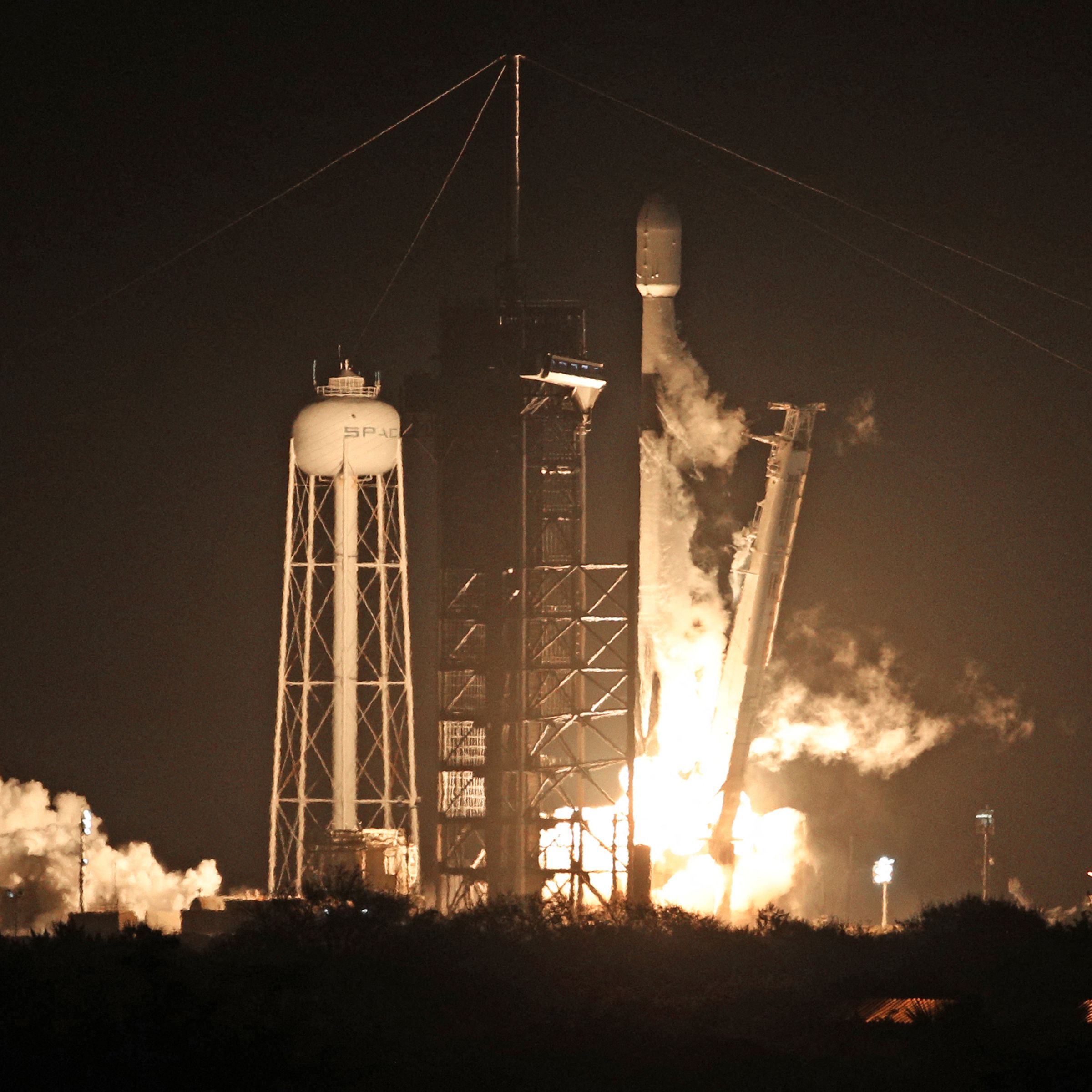 A SpaceX Falcon 9 rocket lifts off from launch pad LC-39A at the Kennedy Space Center with the Intuitive Machines’ Nova-C moon lander mission, in Cape Canaveral, Florida, on February 15, 2024.