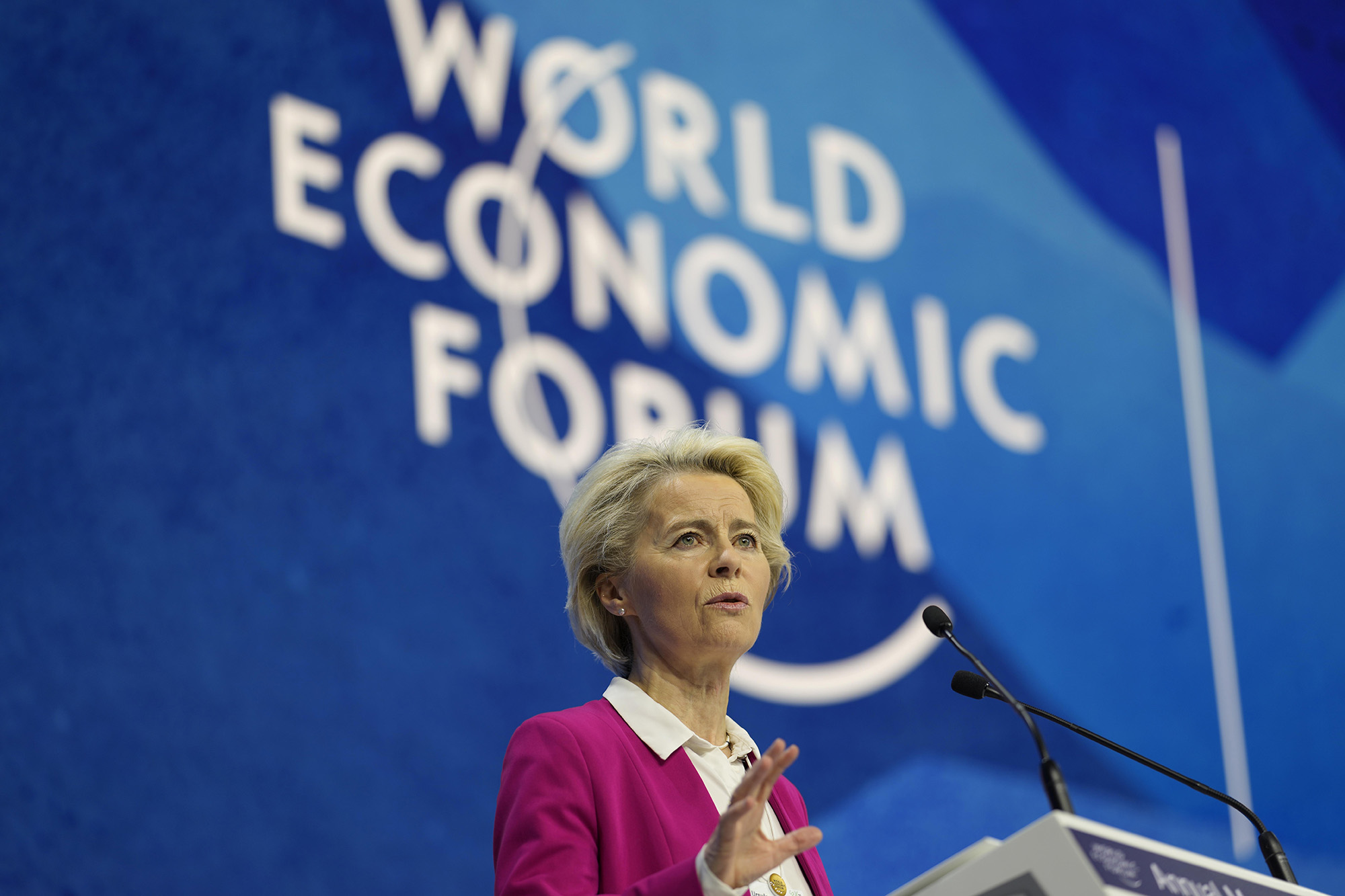 Ursula von der Leyen, President of the European Commission speaks at the World Economic Forum in Davos, Switzerland, on May 24.