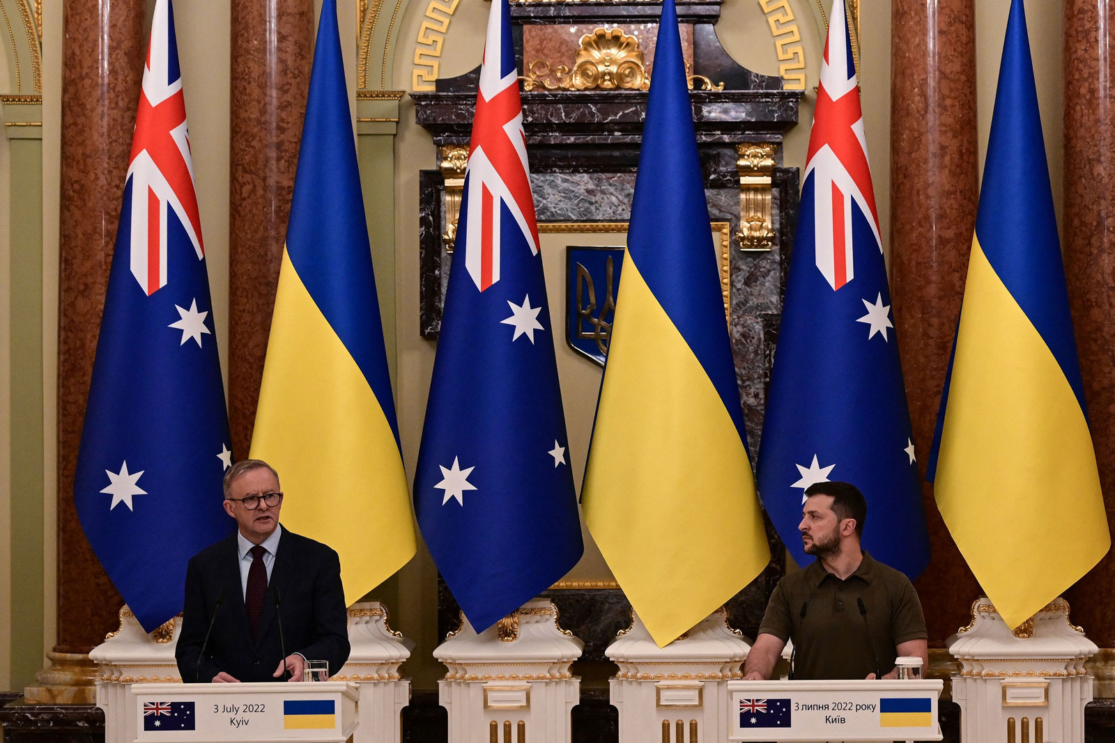 Australian Prime Minister Anthony Albanese, left, and Ukrainian President Volodymyr Zelensky give a press conference in Kyiv, on Sunday.