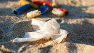 Undated handout photo Handout photo issued by the Marine Conservation Society of a wet wipe on a beach in Hayle. Pic: PA 