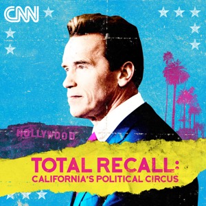 Arnold Schwarzenegger circa 2003 is against a neon background containing the Hollywood sign and palm trees