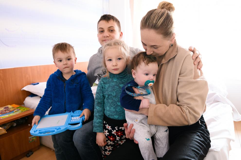 Ukrainian refugee woman and children in the refugee camp of Brugas, Bulgaria.