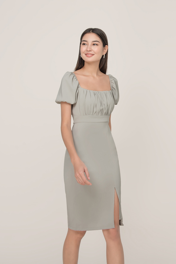 Genevieve Puff Sleeve Slit Midi Dress