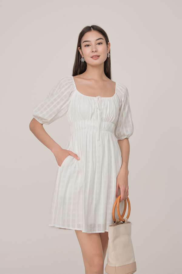 Lattice Shirred Sleeve Pocket Dress