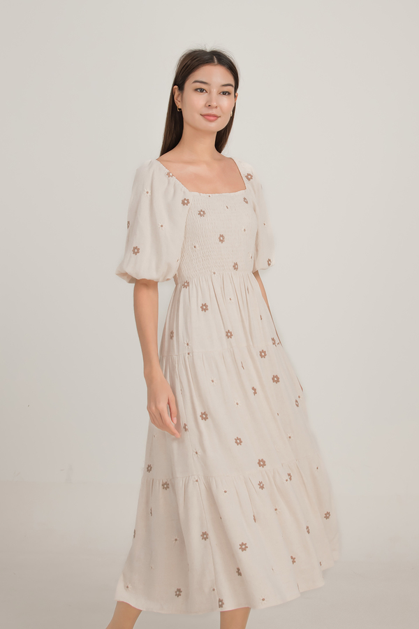 Savanna Puff Sleeve Shirred Midi Dress