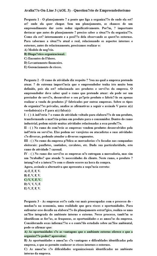 Avaliação On-Line 3 (AOL 3) - Questionário de Empreendedorismo