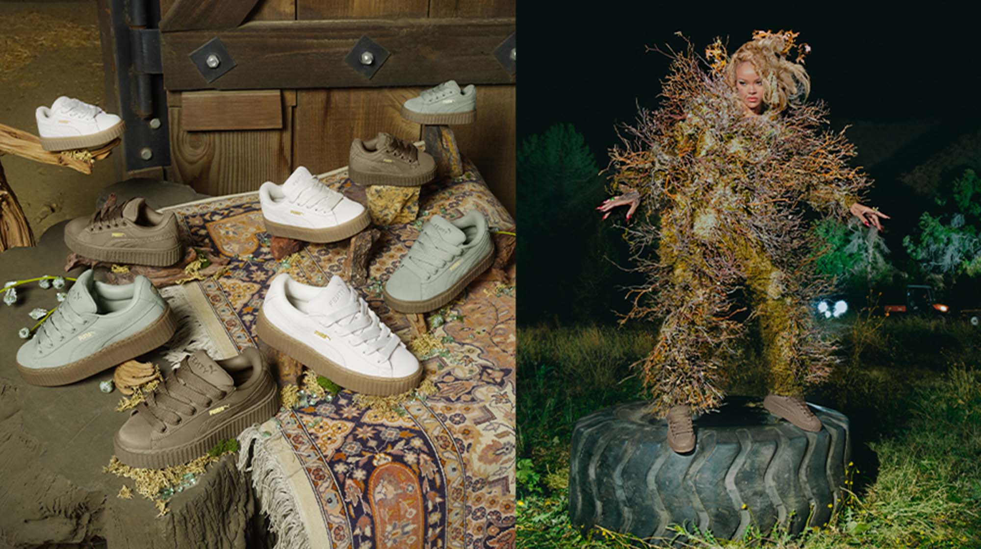 assortment of blue, green, and white sneakers in various sizes on top of a rug; Rihanna dressed in moss standing on top of a tire in brown sneakers