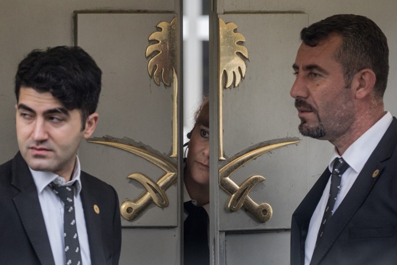 Security personnel at the front door of Saudi Arabia's consulate in Istanbul on Oct. 11. (Chris McGrath/Getty Images)