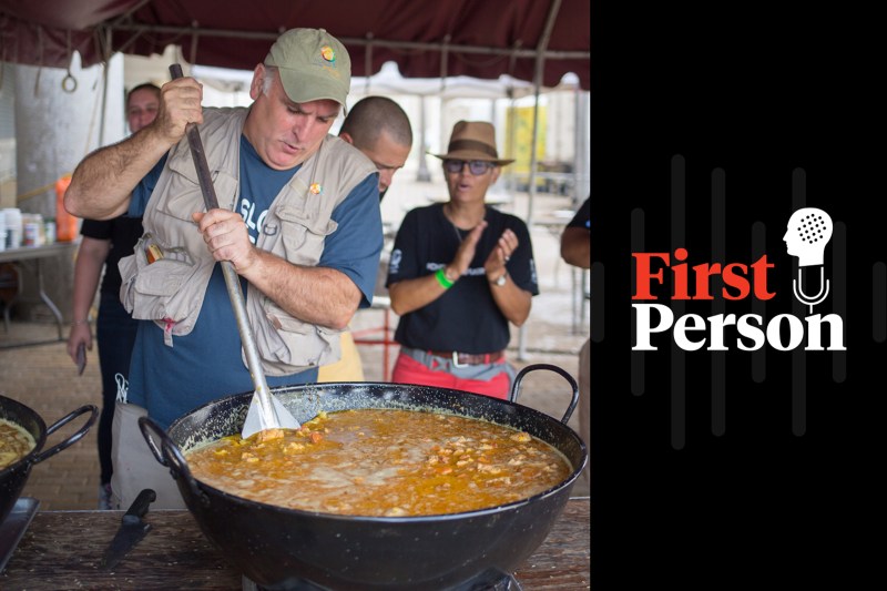 The chef José Andrés stirs paella in a giant pan during the #ChefsForPuertoRico relief operation in San Juan, Puerto Rico, in October 2017.