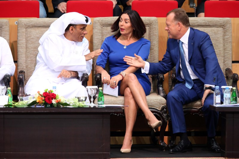 Israeli Culture and Sport Minister Miri Regev (C), Mohamed Bin Thaaloob al-Derai, President of UAE Wrestling Judo, and Kickboxing Federation (L) and International Judo Federation President Marius Vizer (R) chat during the Abu Dhabi Grand Slam Judo tournament in the Emirati capital Abu Dhabi on October 27, 2018.