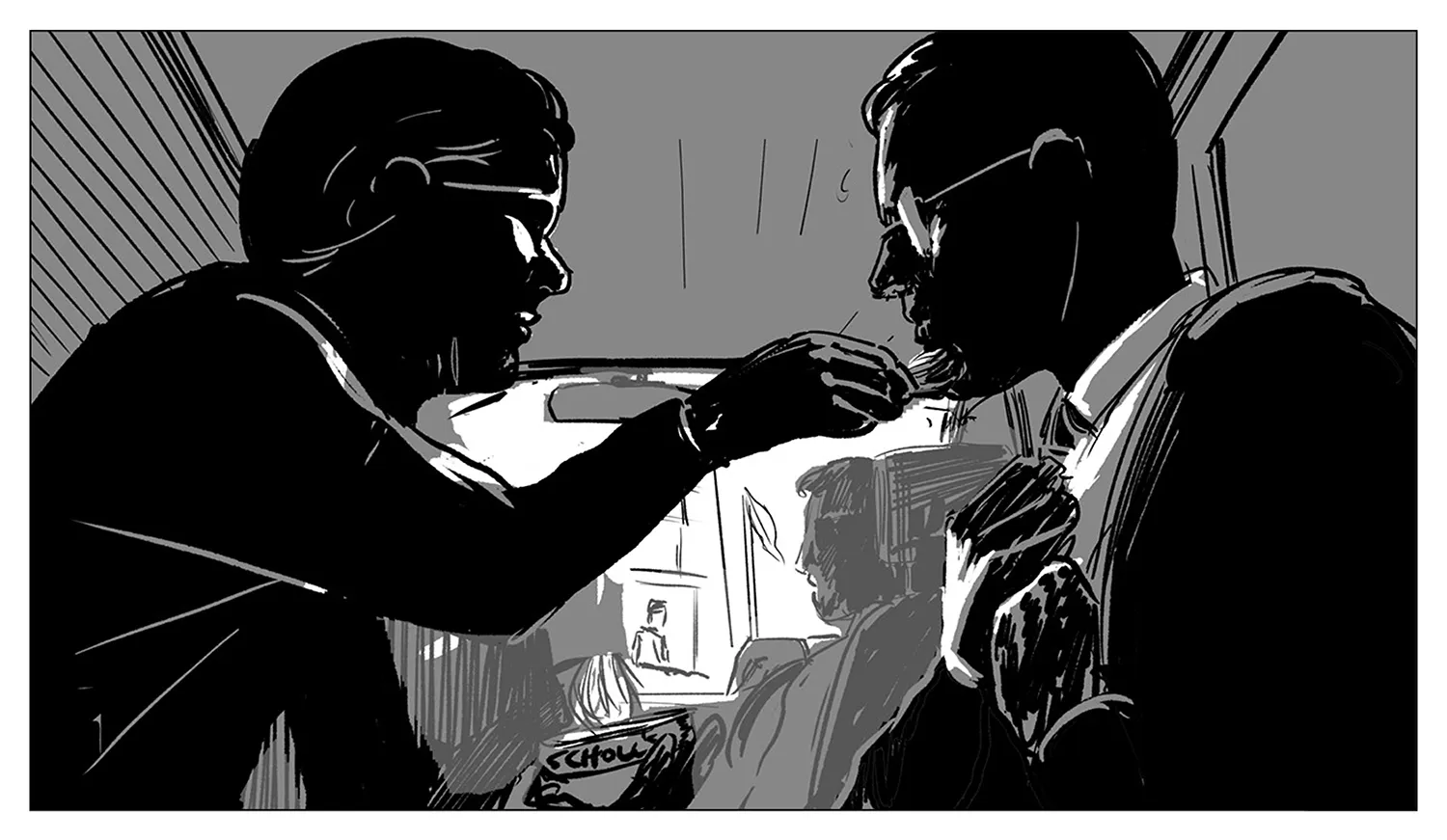 Mendez and Tugboat are silhouetted in the back of a van as she works on his disguise, a can of Dr. Scholl’s foot powder in her hand. He adjusts his tie as the van approaches the embassy security guard.