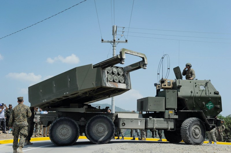 A U.S.-made HIMARS is on during fire exercises in the Philippines.