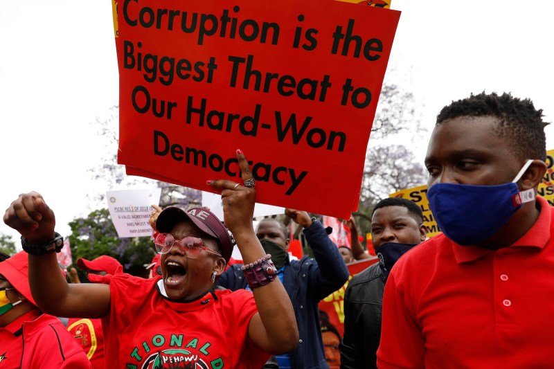 Members of Congress of South African Trade Unions march to the National Treasury during their strike against corruption and unemployment in Pretoria on Oct. 7, 2020.