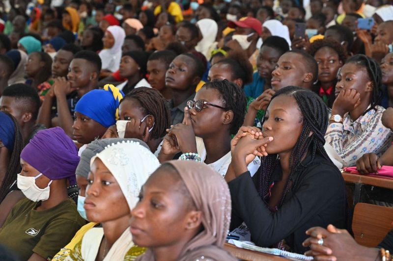 Students gather in an amphitheater at the Université Thomas Sankara near Ouagadougou in Burkina Faso on Oct. 15.