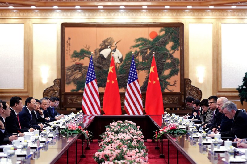 Then-U.S. Vice President Joe Biden meets with Chinese President Xi Jinping inside the Great Hall of the People in Beijing.
