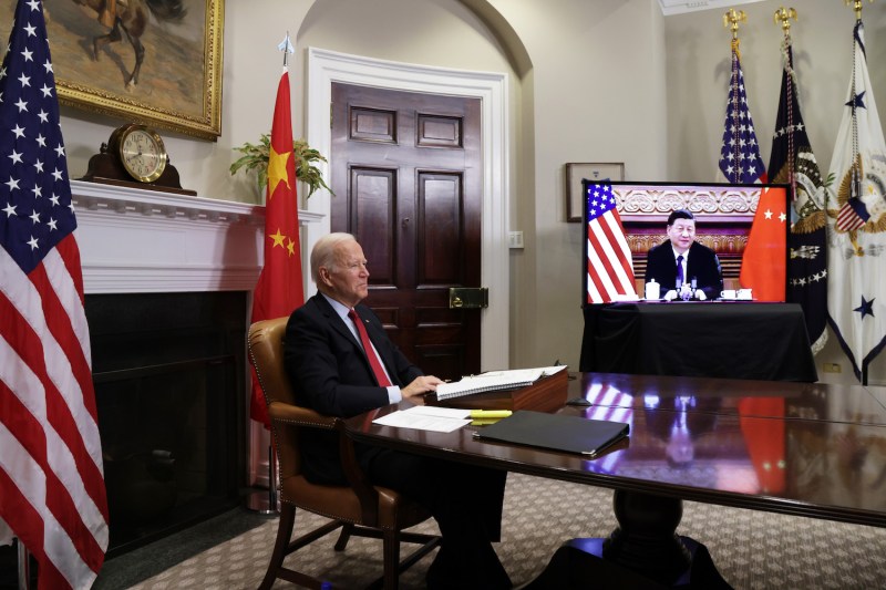U.S. President Joe Biden participates in a virtual meeting with Chinese President Xi Jinping