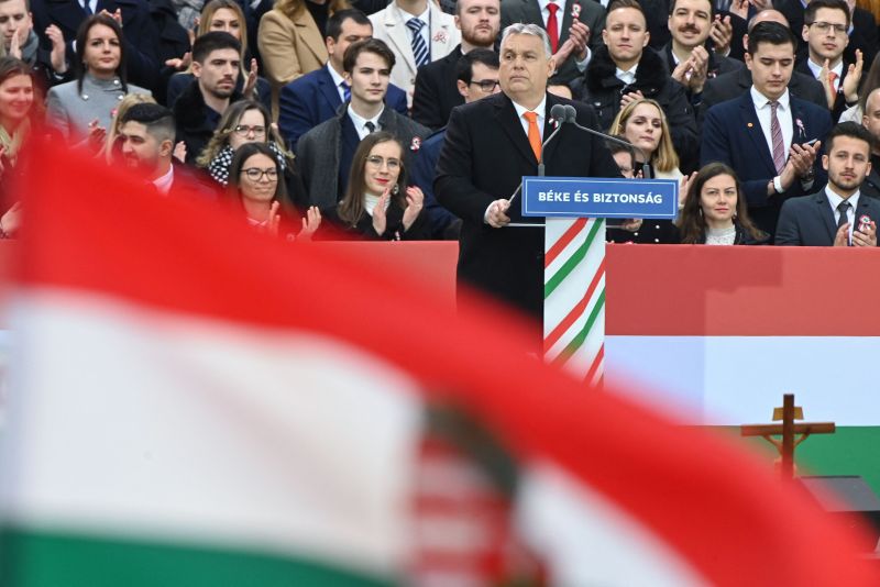 Hungarian Prime Minister Viktor Orban gives a speech marking Hungary's Revolution and Independence Day on March 15, 2022 in front of the parliament building of Budapest.