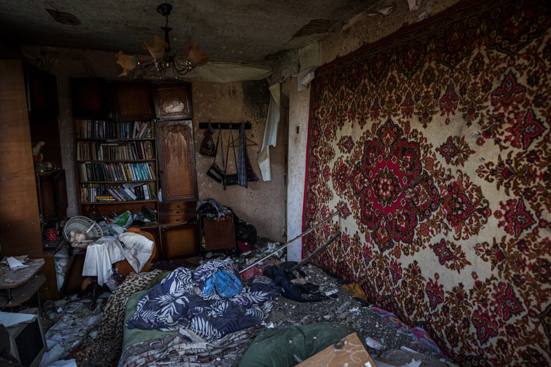A photograph shows the interior of a destroyed home in the village of Vilkhivka, near the eastern city of Kharkiv, Ukraine on May 14.
