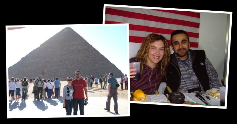 and her husband, Joseph, during a visit to the pyramids of Giza in Cairo in 2009 and celebrating an American Thanksgiving in Baghdad in 2006.