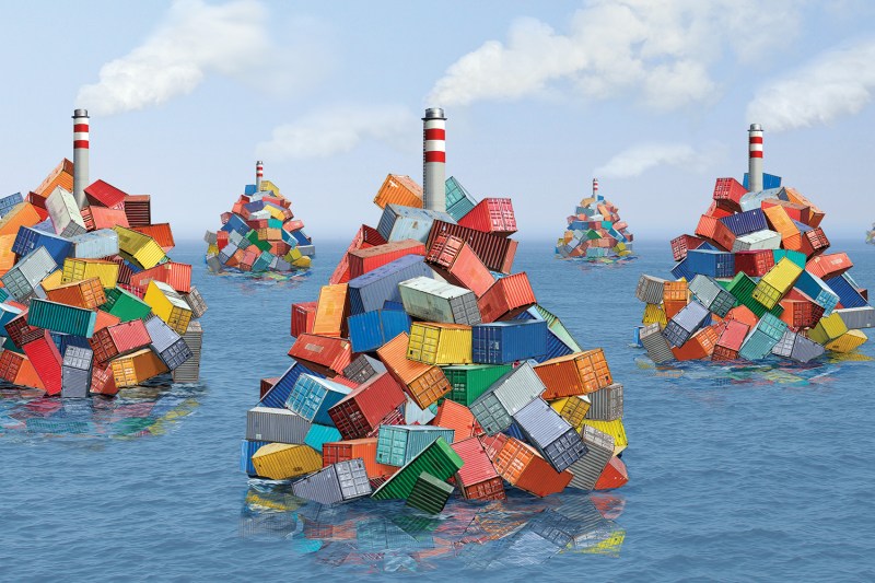 An illustration shows piles of shipping containers and symbols of industry as protectionist islands in a sea.