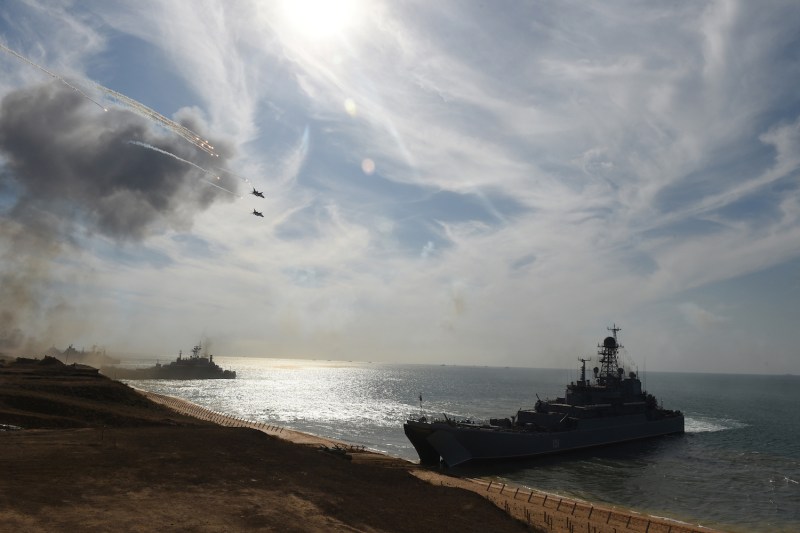 The Russian Navy and fighter jets take part in a military exercise on the coast of the Black Sea in Crimea.