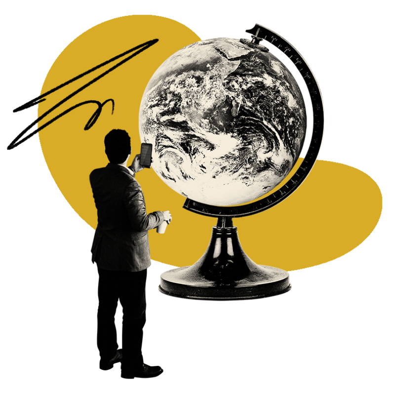 illustration with man looking at phone in front of a globe