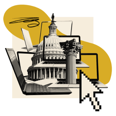 illustration with laptops, a computer mouse cursor, and the US capital
