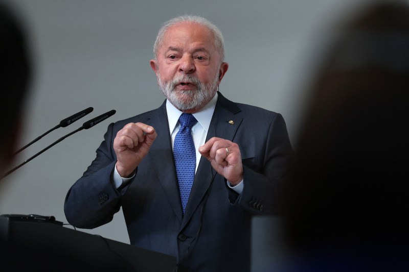 Brazilian President Luiz Inácio Lula da Silva holds a joint press conference with Spanish Prime Minister Pedro Sánchez at Moncloa Palace in Madrid on April 26.