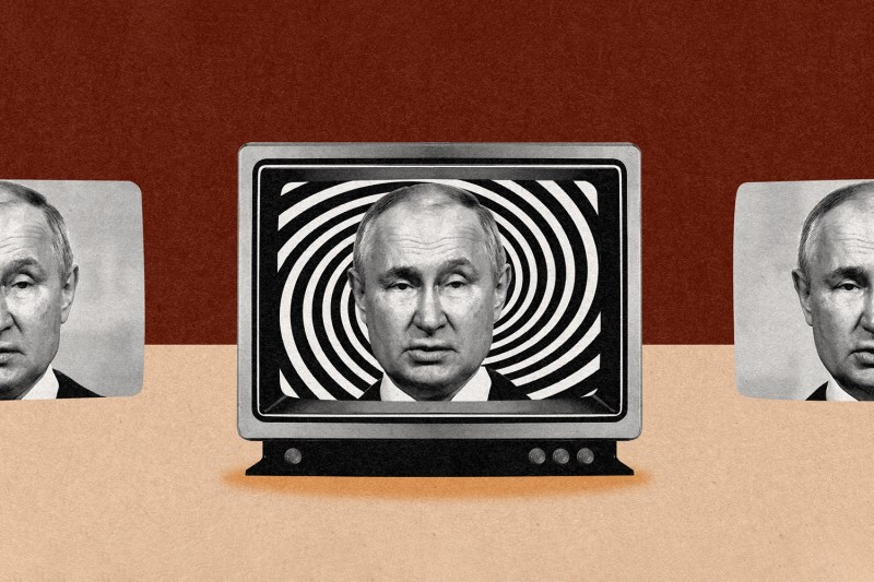An illustration shows Russian President Vladimir Putin on a television set with spinning lines behind him for a story about Russia's TV propaganda.