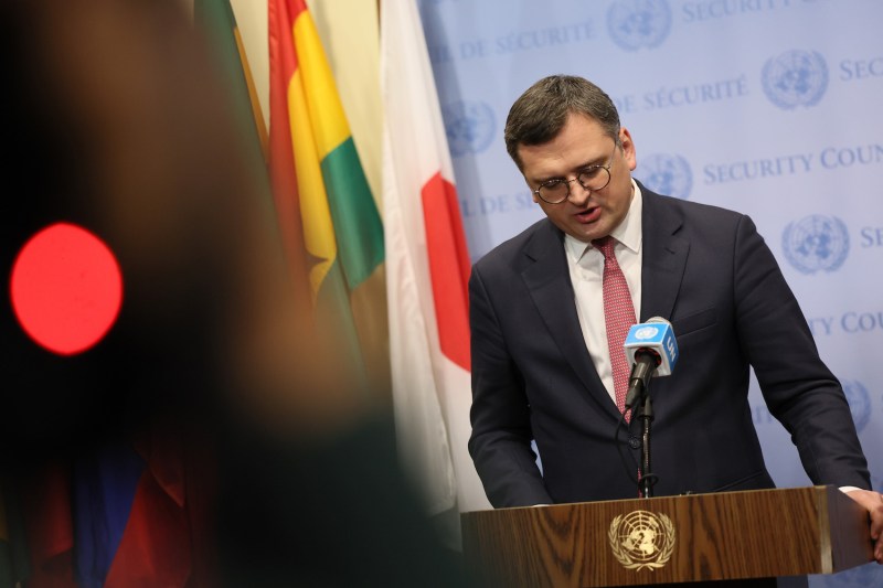 Ukrainian Foreign Minister Dmytro Kuleba, standing behind a podium, speaks after a U.N. Security Council meeting at United Nations headquarters in New York.