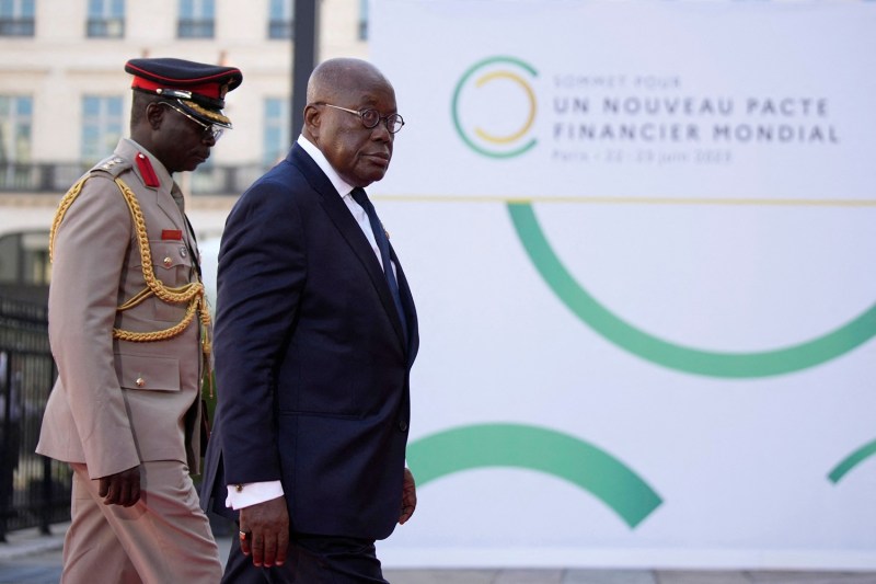 Ghanaian President Nana Akufo-Addo arrives for the closing session of the New Global Financial Pact Summit in Paris.
