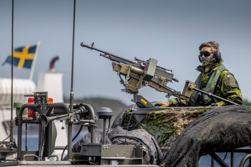A Swedish soldier takes part in a NATO military exercise called Baltops 22 in the Stockholm archipelago.