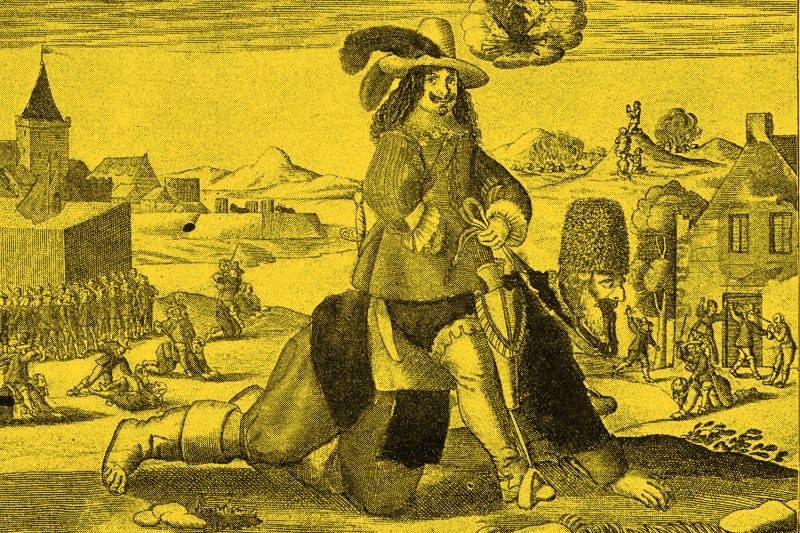 A colorized print depicts Bohemian mercenary General Albrecht Wenzel von Wallenstein, wearing a hat with a feather, thigh-high boots, and lace cuffs and collar as he rides atop a bearded man wearing a tall furry hat as though he were a horse. Marauding soldiers are seen in the background landscape of houses and castles.