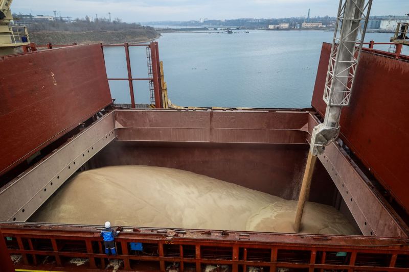 A ship is loaded with Ukrainian wheat at a port on the Black Sea.