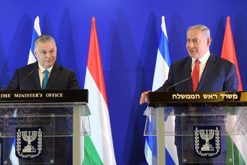 Hungarian Prime Minsiter Viktor Orban (L) and Israeli Prime Minister Benjamin Netanyahu (R) hold a joint press conference after their meeting in Jerusalem on Feb. 19, 2019.