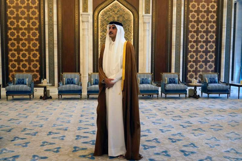 Qatar's Emir Sheikh Tamim bin Hamad al-Thani looks on as he waits for the U.S. Secretary of State in Lusail on October 13, 2023.
