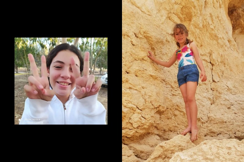 Family photos shared by their mother show 15-year-old Dafna Elyakim (left, smiling and holding up two fingers on each hand in V signs) and 8-year-old Ella Elyakim (wearing a tanktop and shorts, barefooted and smiling as she stands in a rocky landscape).