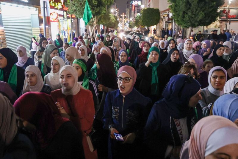 Palestinians gather in Ramallah in the occupied West Bank on Oct. 10, 2023, to express their support for the Gaza Strip.