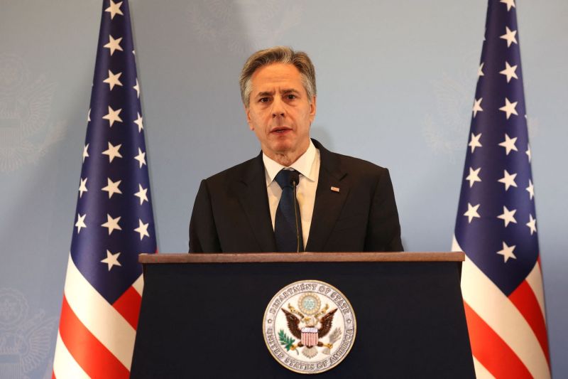 U.S. Secretary of State Antony Blinken speaks during a press conference in Israel.