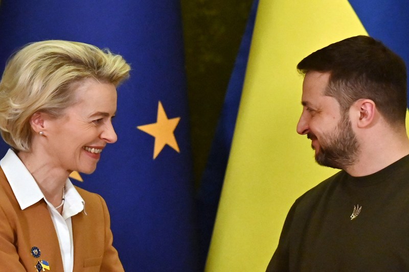 Ukrainian President Volodymyr Zelensky and President of the European Commission Ursula von der Leyen speak after a joint press conference after talks in Kyiv on February 2, 2023.