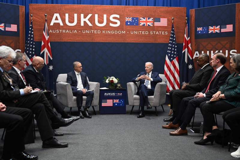 U.S. President Joe Biden (R) meets with Australian Prime Minister Anthony Albanese (L) during the AUKUS summit at Naval Base Point Loma in San Diego, California, on March 13, 2023.