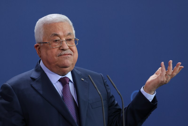 Mahmoud Abbas, President of the Palestinian National Authority, speaks to the media with German Chancellor Olaf Scholz (not pictured) following talks at the Chancellery on August 16, 2022 in Berlin, Germany.