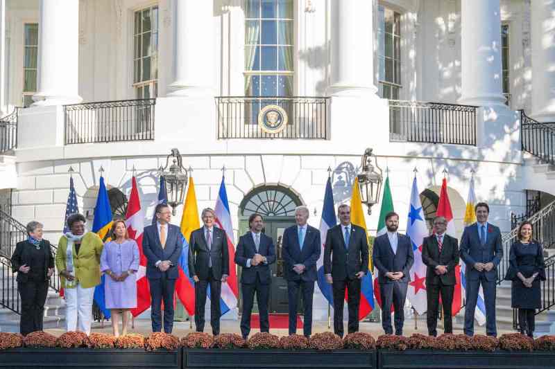 Leaders gather for a family photo at the inaugural Americas Partnership for Economic Prosperity Leaders’ Summit at the White House at in Washington on Nov. 3.