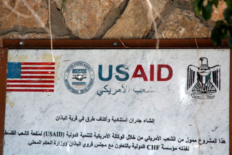 A USAID mural is pictured in the village of al-Badhan, north of Nablus in the occupied West Bank.
