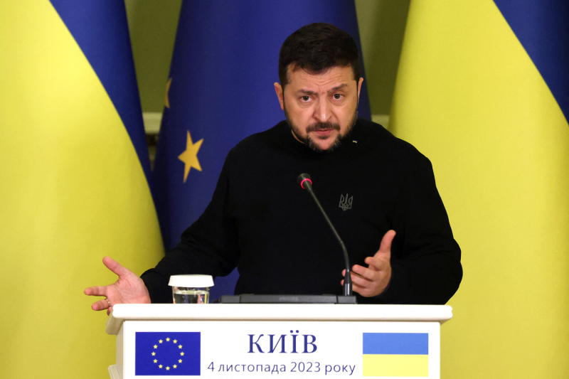 Ukrainian President Volodymyr Zelensky speaks during a joint press conference with European Commission President Ursula von der Leyen following their talks in Kyiv.