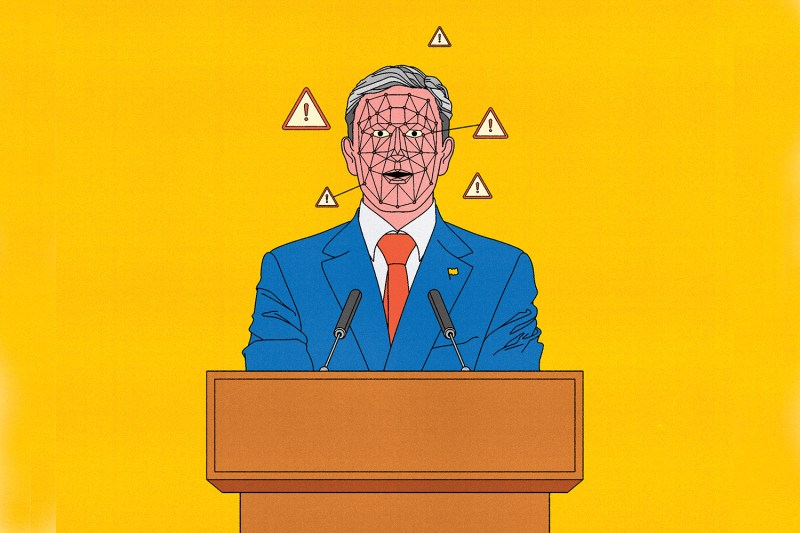 An illustration shows a male candidate at a podium with digital wireframe over his face and warning signs floating around his head.