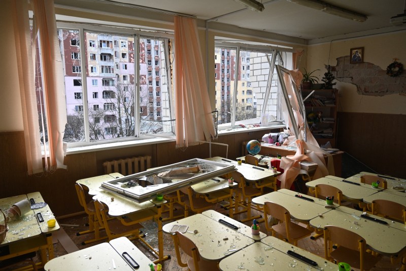 This photograph shows a school classroom damaged as a result of a Russian missile strike in the city of Lviv, western Ukraine.