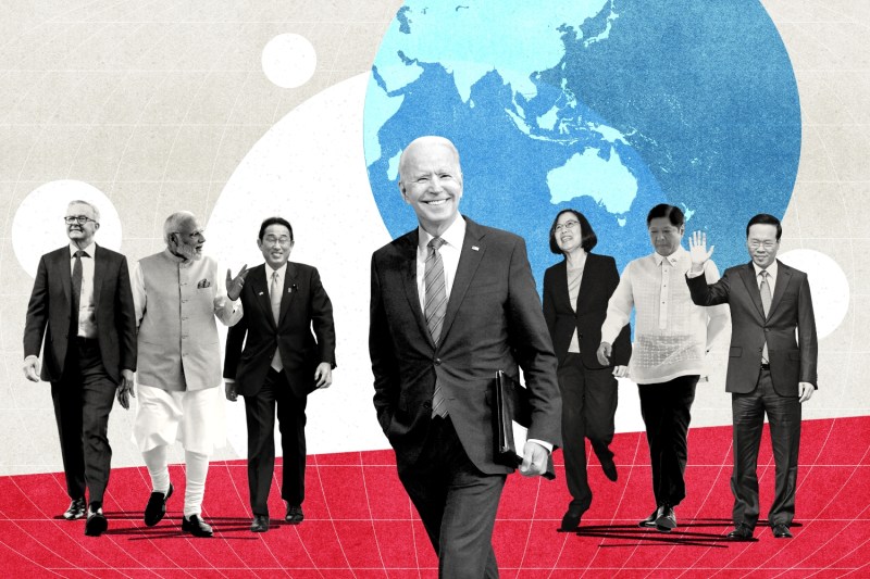 A collage illustration showing U.S. President Joe Biden and leaders from Australia, India, Japan, Taiwan, the Philippines, and Vietnam, walking along a bright red landscape in front of a textural map of the Indo-Pacific region